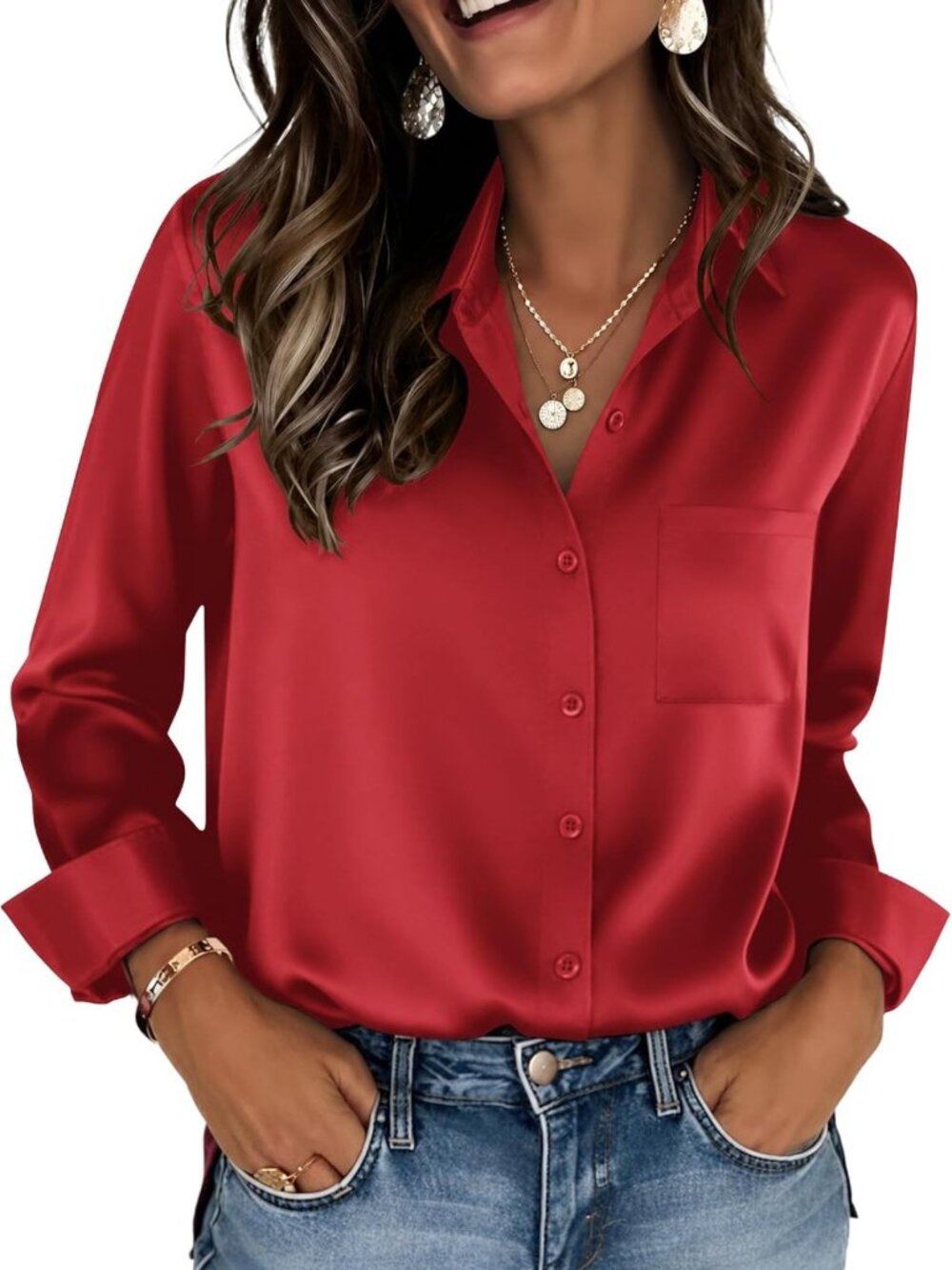 Chic Satin Blouse for Women | Long Sleeve V-Neck Dressy Casual Top